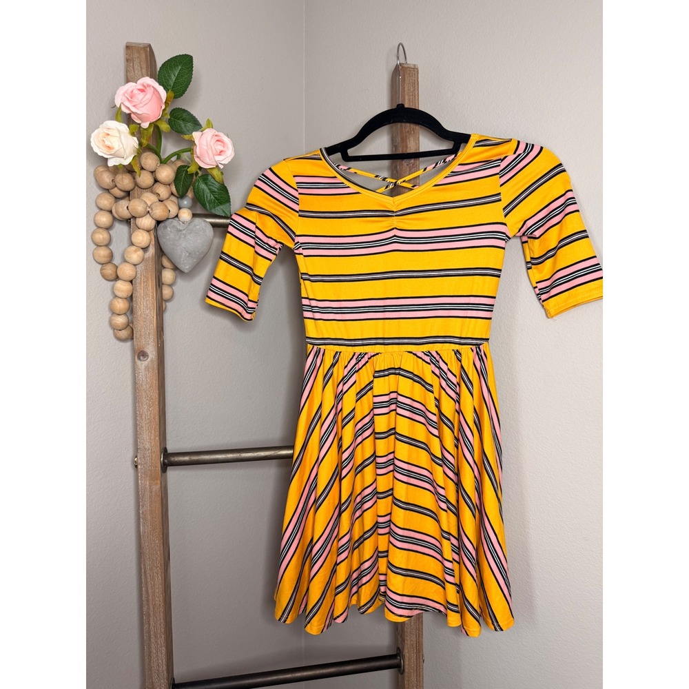 Dot Dot Smile Girls Yellow Pink Striped Fit and Flare Dress Size 7 Strappy Back